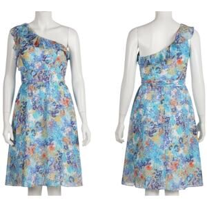 Tahari Womens Dress Size 12 Blue Floral Printed One Shoulder Colorful Flowy